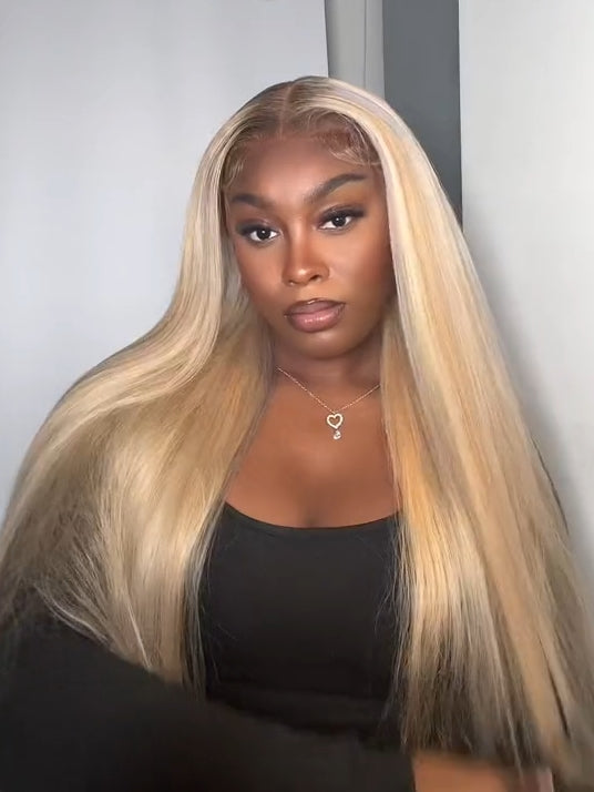 Grey Blonde Highlights Straight Wig 13x4 Lace Front Glossy Blonde With Silver Highlight Human Hair Wig