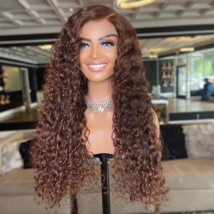 Dorsanee Hair #4 Chocolate Brown Water Wave Wig Transparent Pre-plucked 13x4 Lace Wig Human Hair Wig