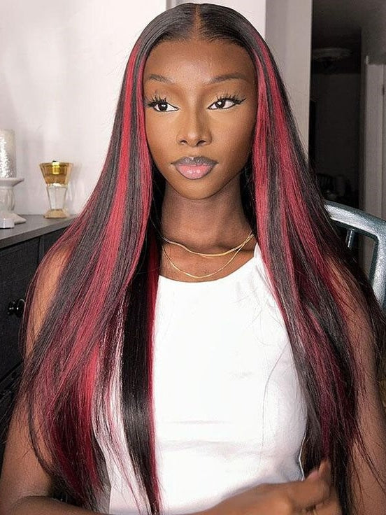 99J Burgundy with Red Highlight Piano Color Straight Hair 13×4 HD Lace Frontal Wig
