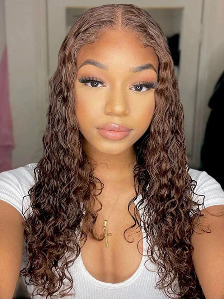 Chocolate Brown #4 Water Wave Wig Transparent Lace 13x4/5x5 Lace Frontal Human Hair Wig