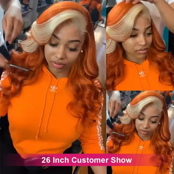 Dorsanee Hair Ginger Orange Blonde Skunk Stripe 13x4 Body Wave HD Transparent Lace Front Human Hair Wig