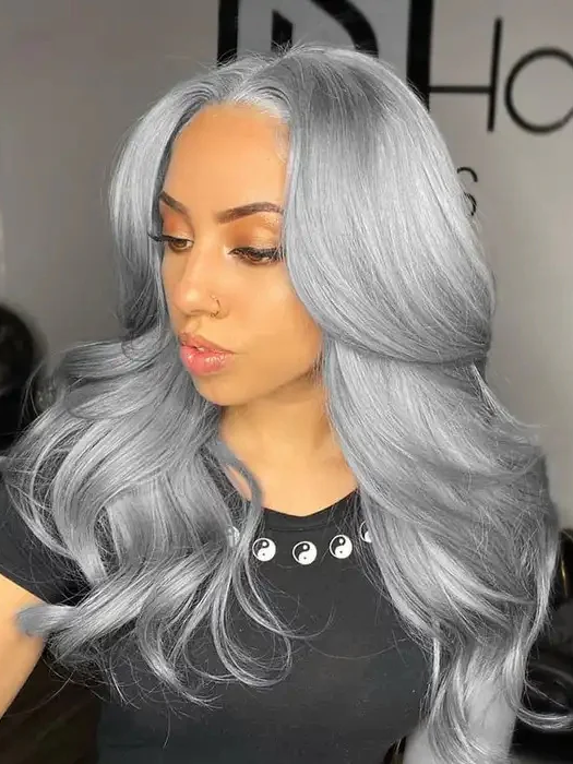 Silver Gray Body Wave 13x4 HD Transparent Lace Frontal Wigs 200% Density Human Hair Wigs