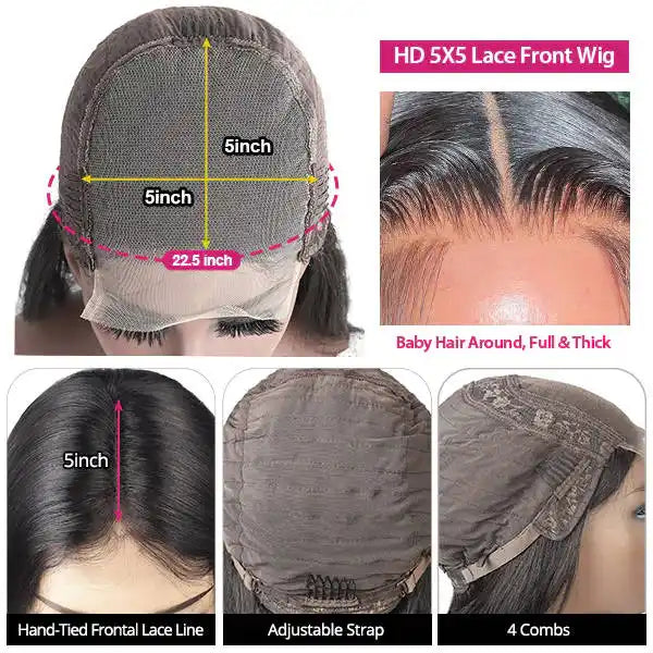 Dorsanee hair straight 5×5 transparent lace closure human hair wigs