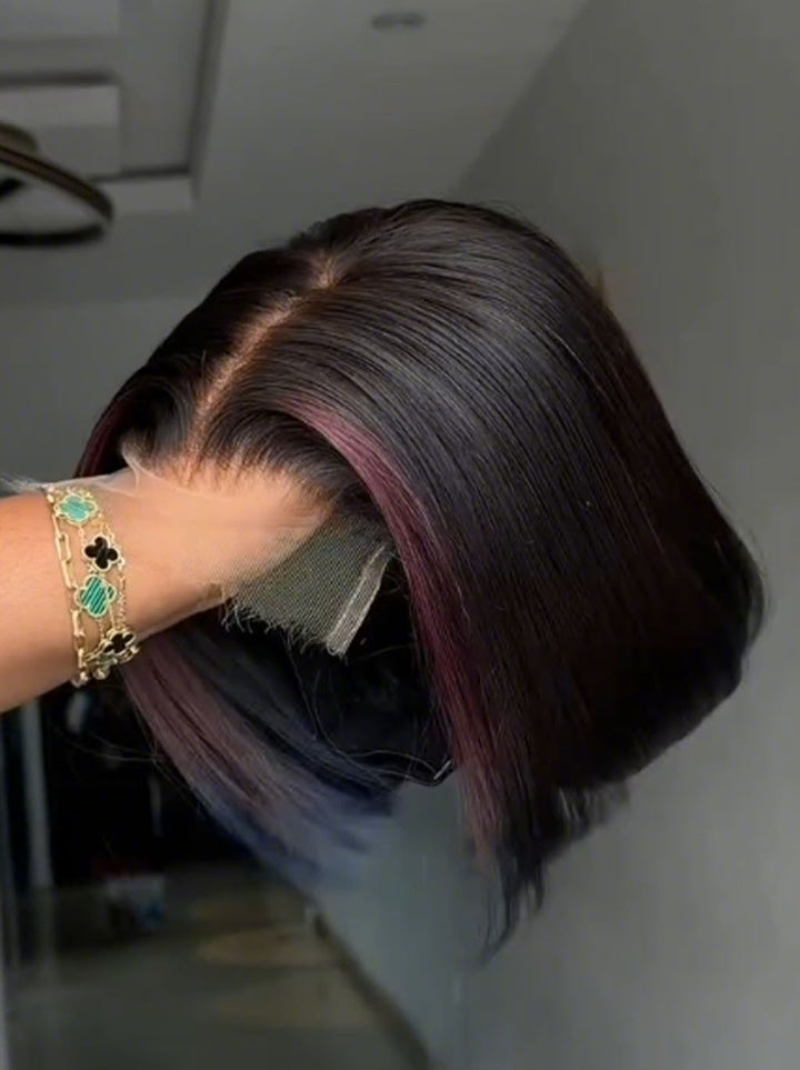 Dorsanee 8 10 12 inch Short Black Bob Human Hair Wig with Plum Burgundy Purple Highlights