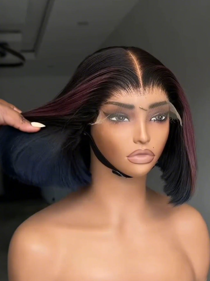 Dorsanee 8 10 12 inch Short Black Bob Human Hair Wig with Plum Burgundy Purple Highlights