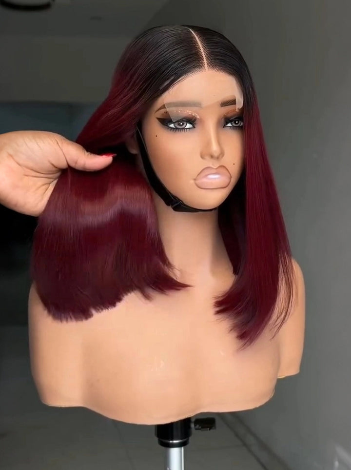 Dorsanee 8 10 12 inch Short Bob Burgundy Red With Dark Roots 13X4 Lace Front Human Hair Wigs