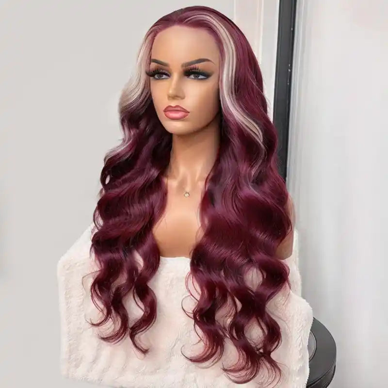 Dorsanee Hair 13x4 Lace Frontal Skunk Stripe Wig #613/99J Burgundy Color Highlight Body Wave Human Hair Wig