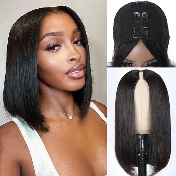 Dorsanee Hair V Part Straight Bob Human Hair Wig No Glue No Sew No Gel No Leave Out Needed Human Hair Thin Part Wig For Black Women