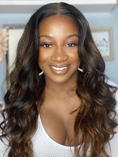 Balayage Light Brown Highlight Colored  Body Wave Wigs 13x4 Lace Part Human Hair Wig