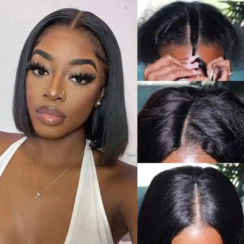 Dorsanee Hair V Part Straight Bob Human Hair Wig No Glue No Sew No Gel No Leave Out Needed Human Hair Thin Part Wig For Black Women