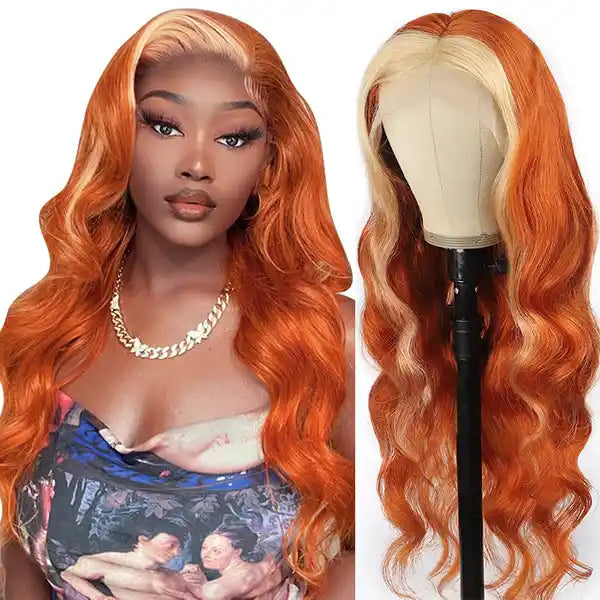 Dorsanee Hair Ginger Orange Blonde Skunk Stripe 13x4 Body Wave HD Transparent Lace Front Human Hair Wig