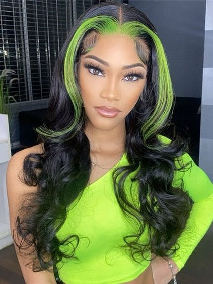 Dorsanee Skunk Stripe Green Black Highlights 13x4 Lace Front Body Wave Human Hair Wigs