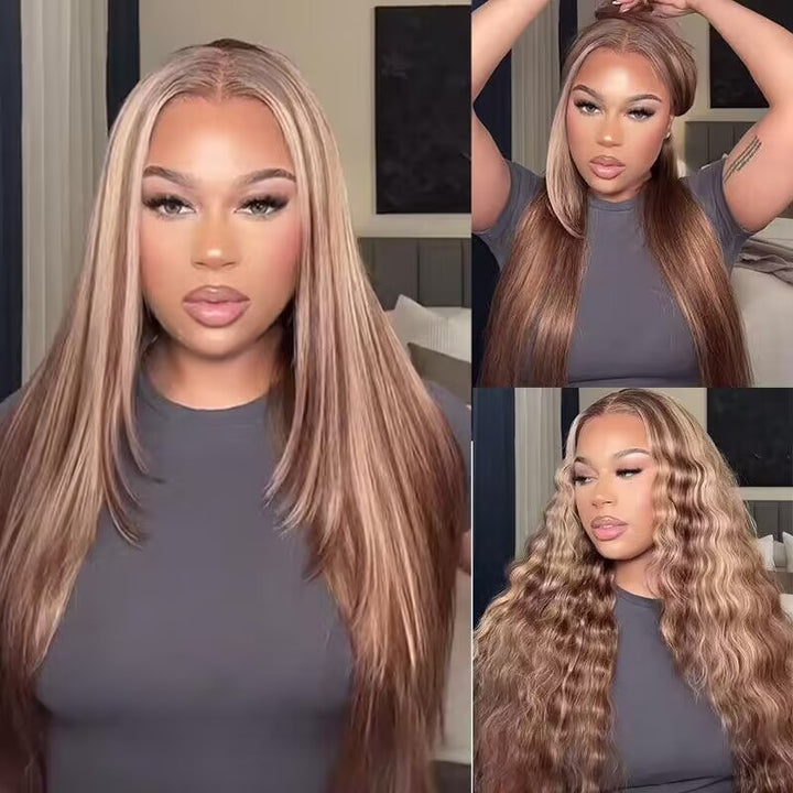 Honey Blonde Highlight Straight Layered 13x4 Lace Frontal Balayage Highlights Human Hair Wig - Dorsanee Hair