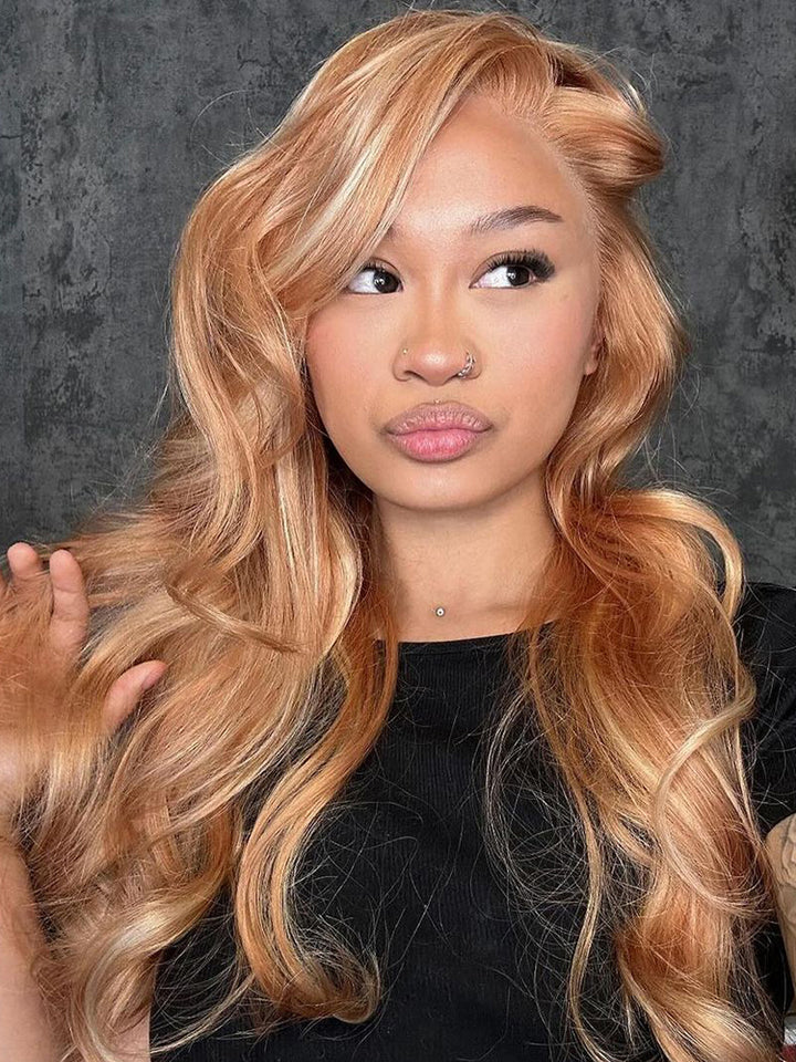 Ash Light Brown Highlight 13x4 Lace Front Mixed Brown&Blonde Color Straight/Body Wave Human Hair Wig