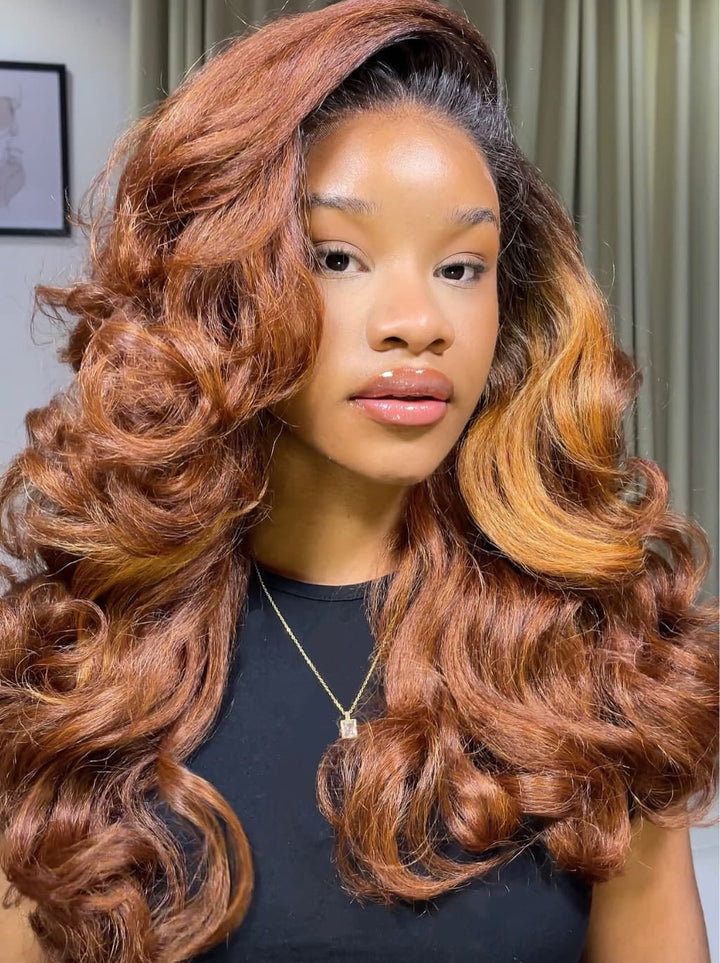 Dorsanee Auburn Copper Brown Voluminous Loose Body Wave Honey Caramel Highlights 13x4 Lace Front Human Hair Wigs