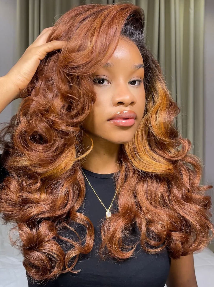 Dorsanee Auburn Copper Brown Voluminous Loose Body Wave Honey Caramel Highlights 13x4 Lace Front Human Hair Wigs