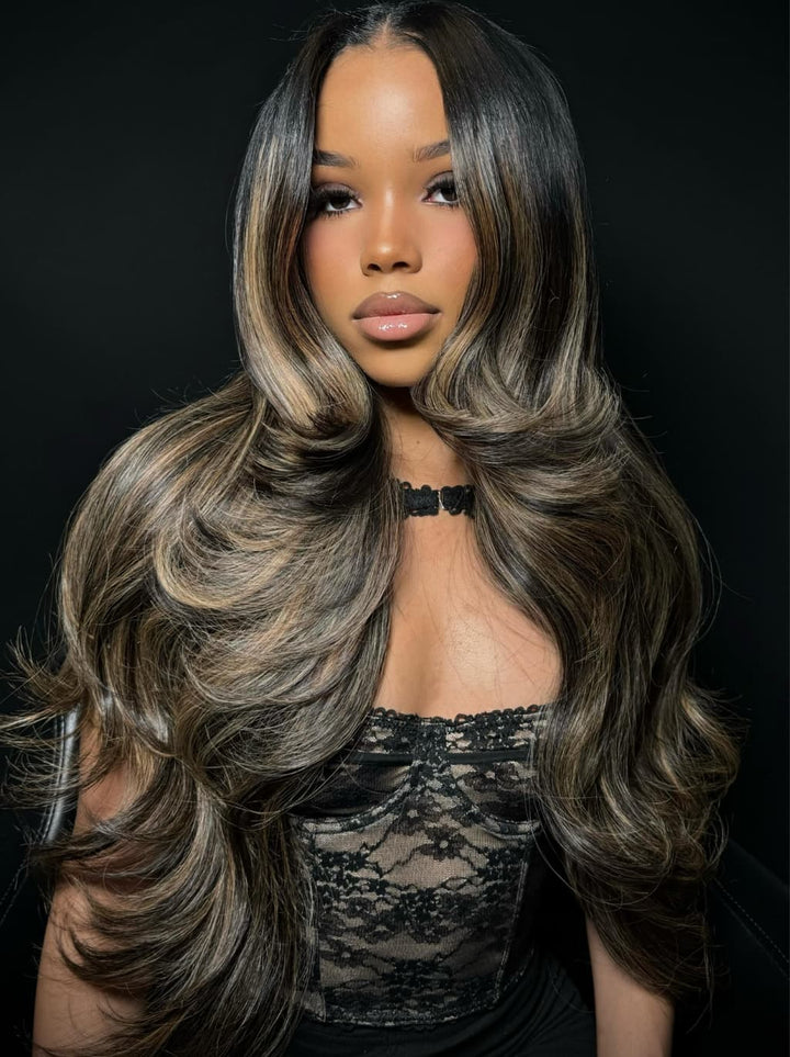 Dorsanee Balayage Black Brown Highlight Money Piece 13x4 Lace Front Human Hair Wig