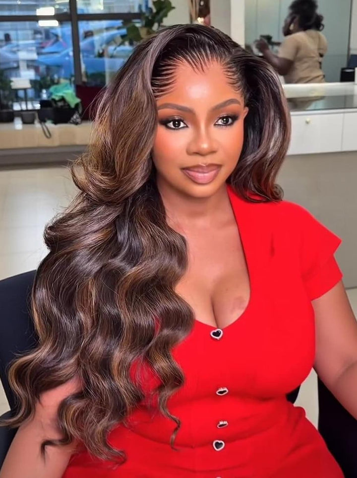 Dorsanee Balayage Brown Highlights Body Wave 13x4 Lace Front Human Hair Wigs 300 Density