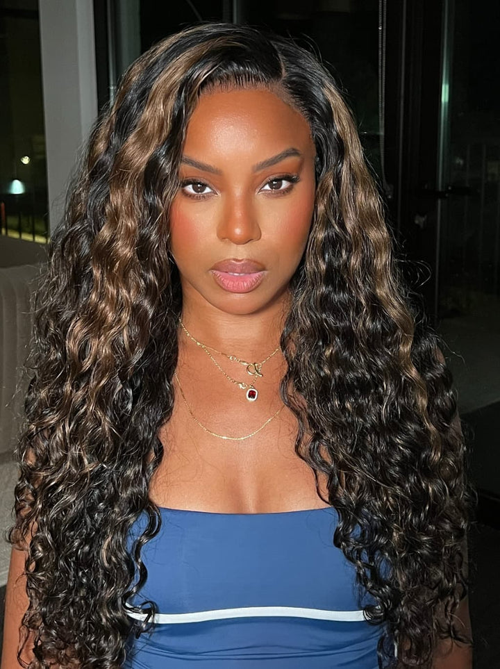 Dorsanee Balayage Brown Highlights Burmese Curly 13x4 Lace Front Human Hair Wig 250 300 Density