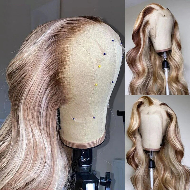 Balayage Hair Blonde Highlights Lace Front Wig Transparent Lace Human Hair Wigs Dark Brown