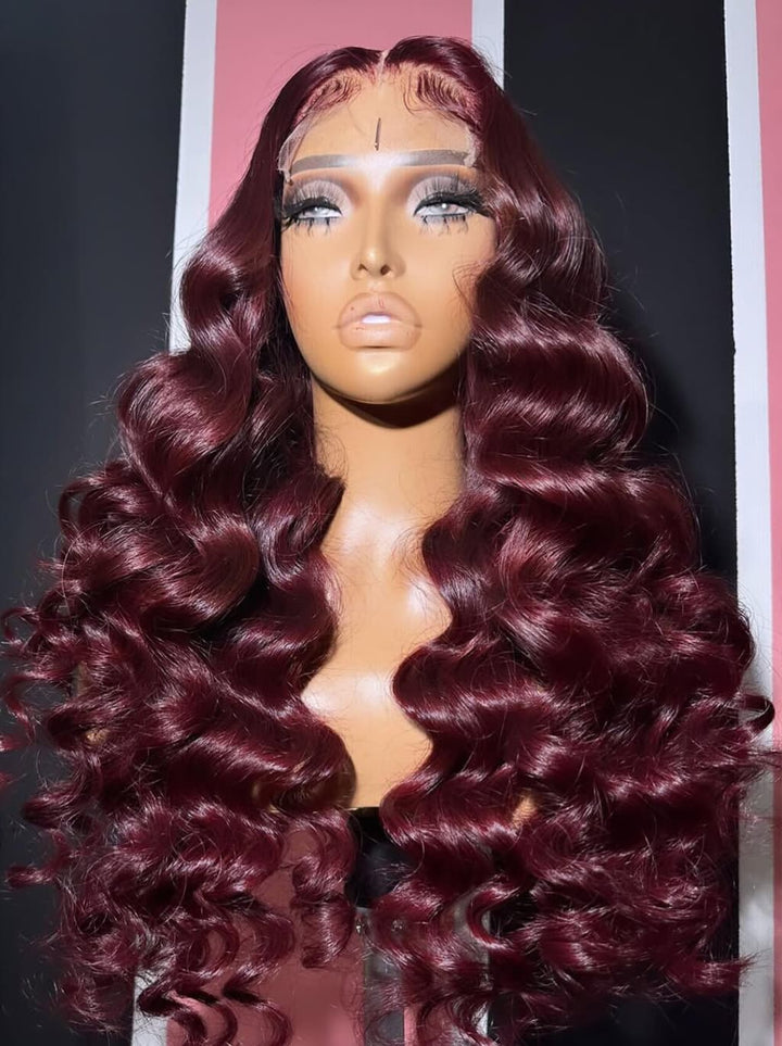 Dorsanee Black Burgundy Red Voluminous Bouncy Loose Curls 300 Density 13x4 Lace Front Human Hair Wig