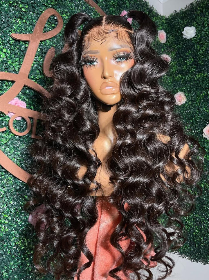 Dorsanee Black Burgundy Red Voluminous Bouncy Loose Curls 300 Density 13x4 Lace Front Human Hair Wig