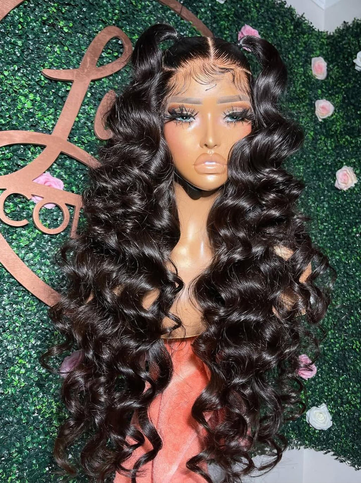 Dorsanee Black Burgundy Red Voluminous Bouncy Loose Curls 300 Density 13x4 Lace Front Human Hair Wig