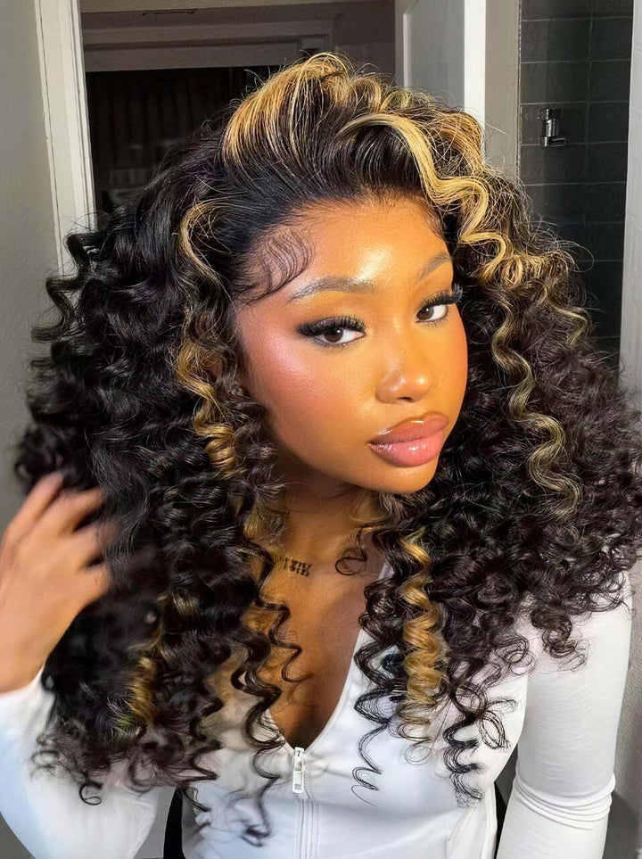 Dorsanee Black Caramel Blonde Highlights Bouncy Deep Curly 300 Density 13x4 Lace Front Human Hair Wigs