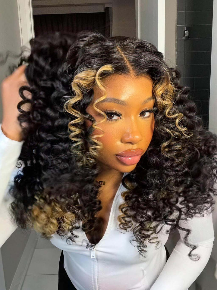 Dorsanee Black Caramel Blonde Highlights Bouncy Deep Curly 300 Density 13x4 Lace Front Human Hair Wigs