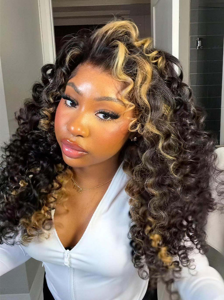 Dorsanee Black Caramel Blonde Highlights Bouncy Deep Curly 300 Density 13x4 Lace Front Human Hair Wigs