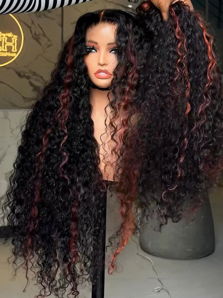 Dorsanee Black Cherry Red Highlights Deep Curly Wave 300 Density 13x4 Lace Front Human Hair Wigs