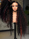 Dorsanee Black Cherry Red Highlights Deep Curly Wave 300 Density 13x4 Lace Front Human Hair Wigs