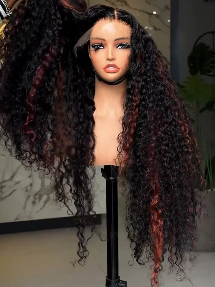 Dorsanee Black Cherry Red Highlights Deep Curly Wave 300 Density 13x4 Lace Front Human Hair Wigs