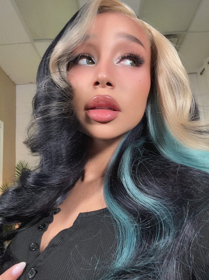 Dorsanee Black Platinum Blonde Split Teal Aqua Blue Money Piece Highlights 13x4 Lace Front Human Hair Wig