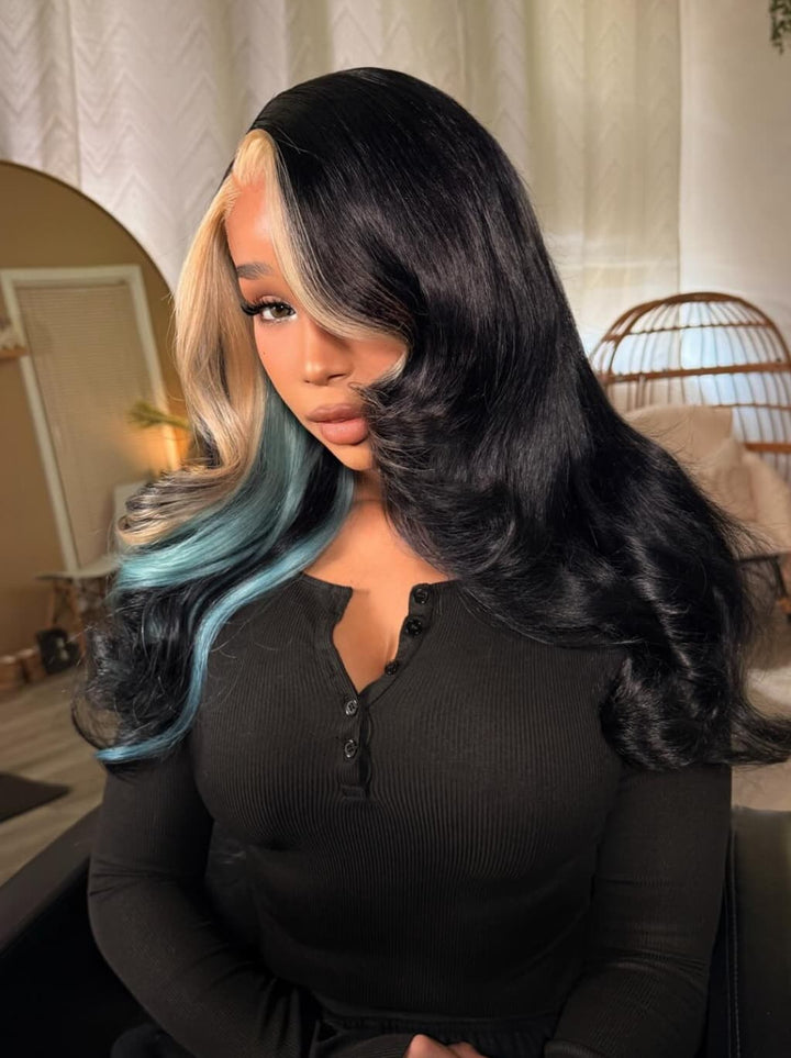 Dorsanee Black Platinum Blonde Split Teal Aqua Blue Money Piece Highlights 13x4 Lace Front Human Hair Wig