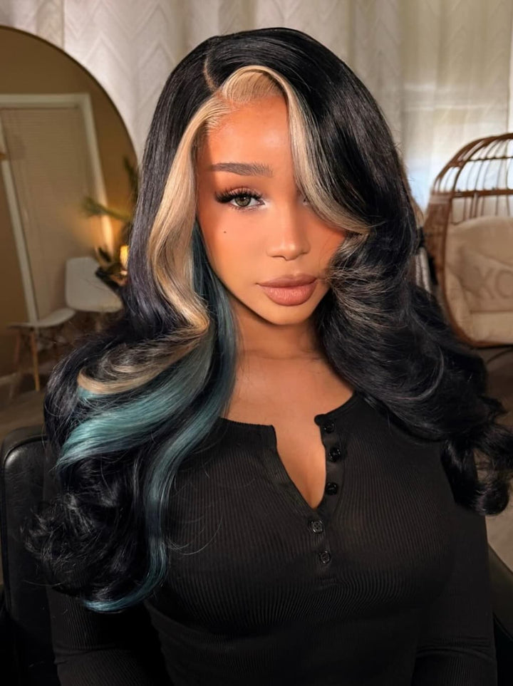 Dorsanee Black Platinum Blonde Split Teal Aqua Blue Money Piece Highlights 13x4 Lace Front Human Hair Wig