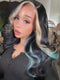 Dorsanee Black Platinum Blonde Split Teal Aqua Blue Money Piece Highlights 13x4 Lace Front Human Hair Wig