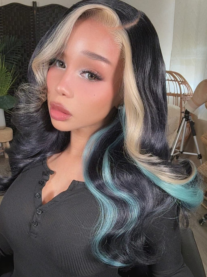 Dorsanee Black Platinum Blonde Split Teal Aqua Blue Money Piece Highlights 13x4 Lace Front Human Hair Wig