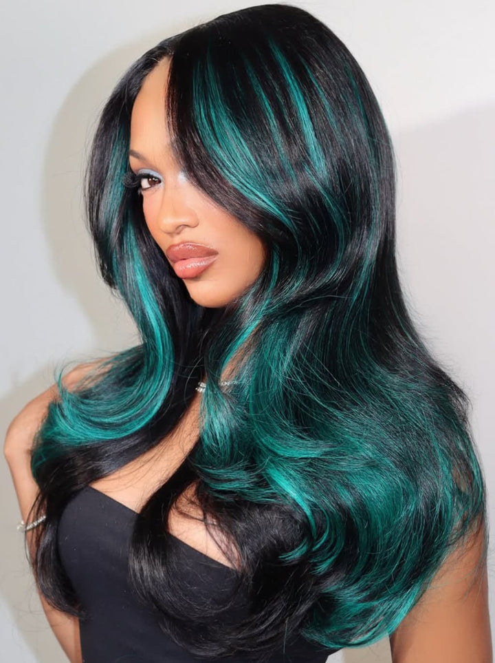 Dorsanee Black Teal Green Highlight 13x4 Lace Front Human Hair Wig 200 Density
