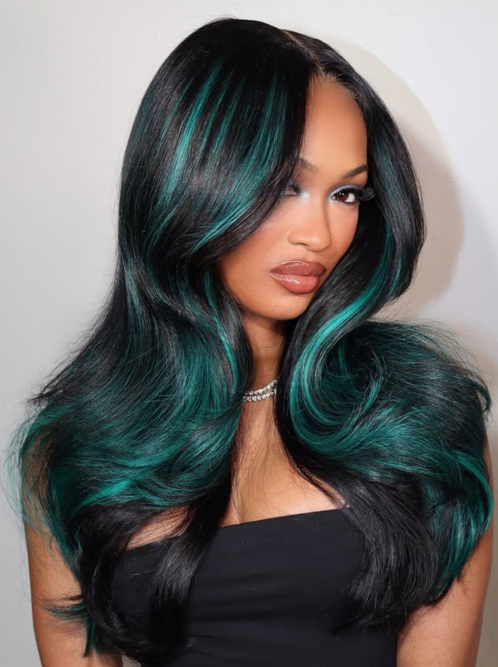 Dorsanee Black Teal Green Highlight 13x4 Lace Front Human Hair Wig 200 Density