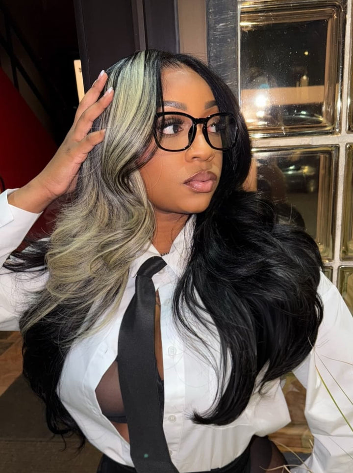 Dorsanee Black With Blonde Highlights Student Affordable Back to School Graduation College Girl 13x4 Lace Front Human Hair Wigs