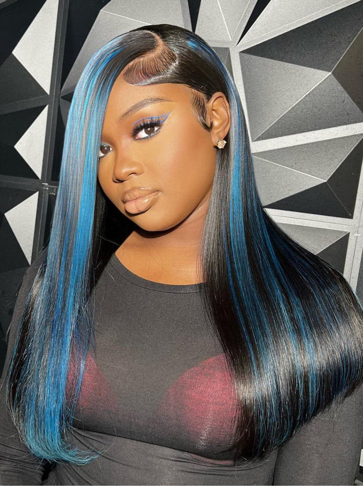 Dorsanee Black With Blue Bone Straight Highlights 13x4 Lace Front Human Hair Wigs 200 Density