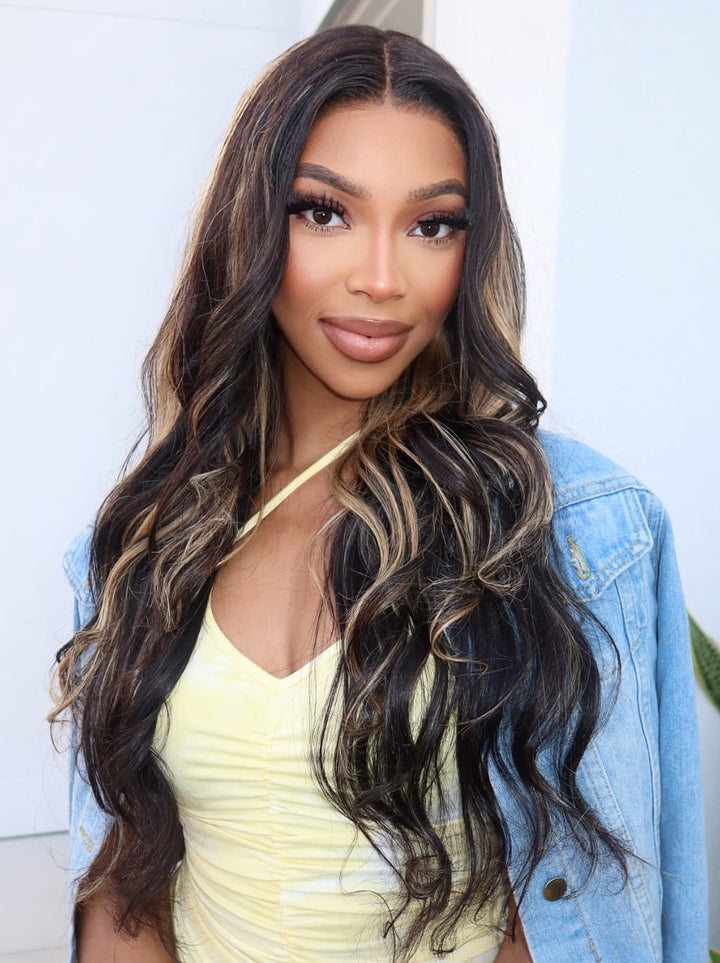 Dorsanee Black With Brown Highlights Luxury Summer Beach Vacations 13x4 Lace Front Human Hair Wig
