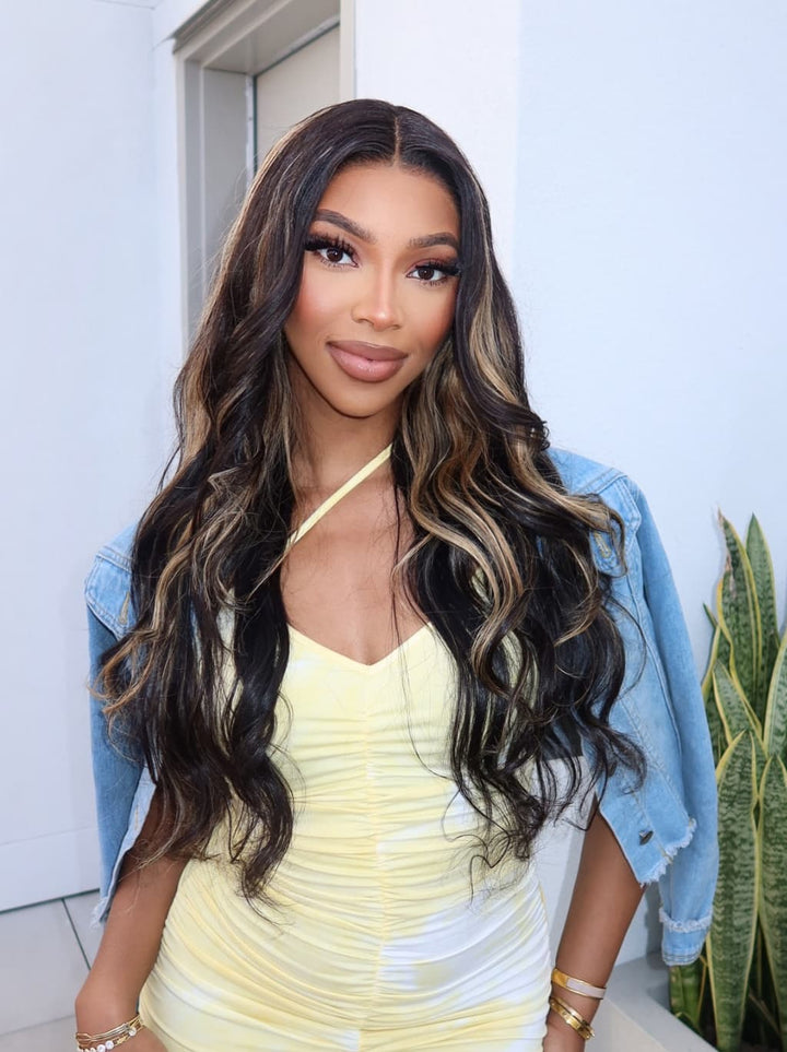 Dorsanee Black With Brown Highlights Luxury Summer Beach Vacations 13x4 Lace Front Human Hair Wig