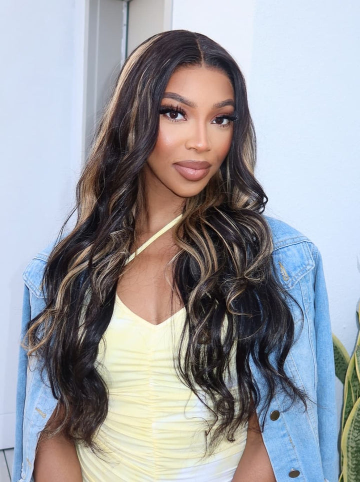 Dorsanee Black With Brown Highlights Luxury Summer Beach Vacations 13x4 Lace Front Human Hair Wig