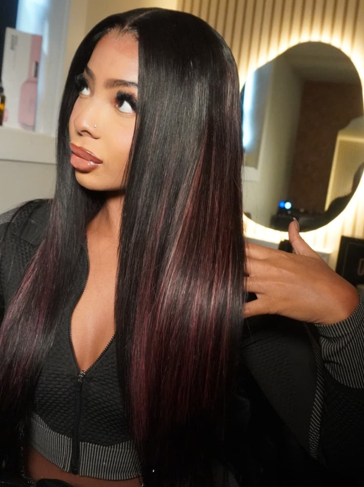Dorsanee Black With Burgundy Red Highlights Money Piece 13x4 Lace Front Human Hair Wig