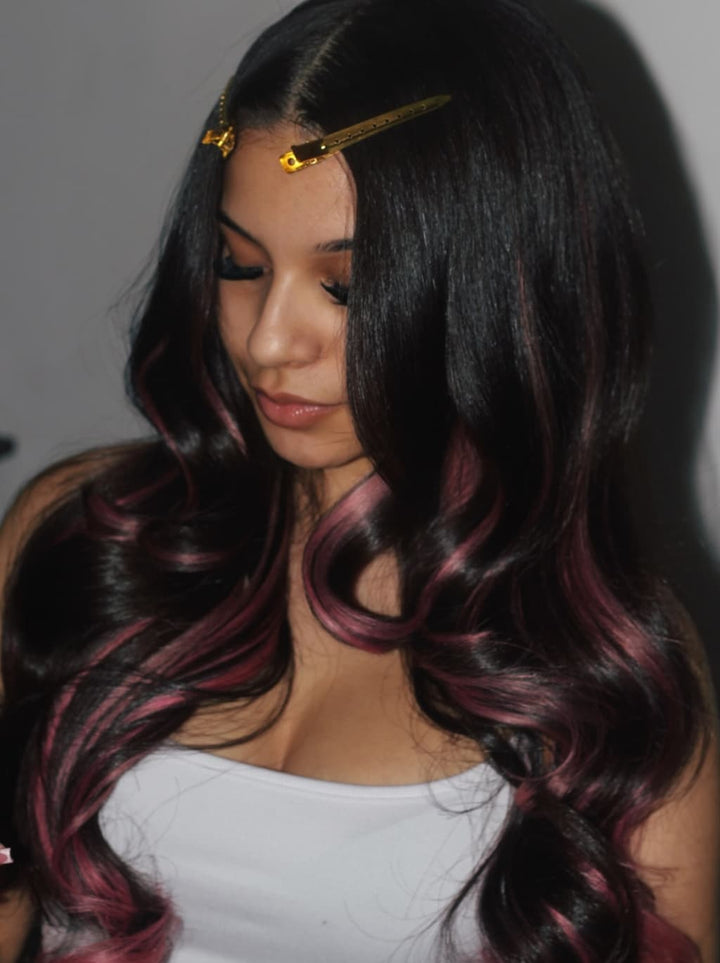 Dorsanee Black With Dusty Rose Pink Streaks 13x4 Lace Front Virgin Human Hair Wig