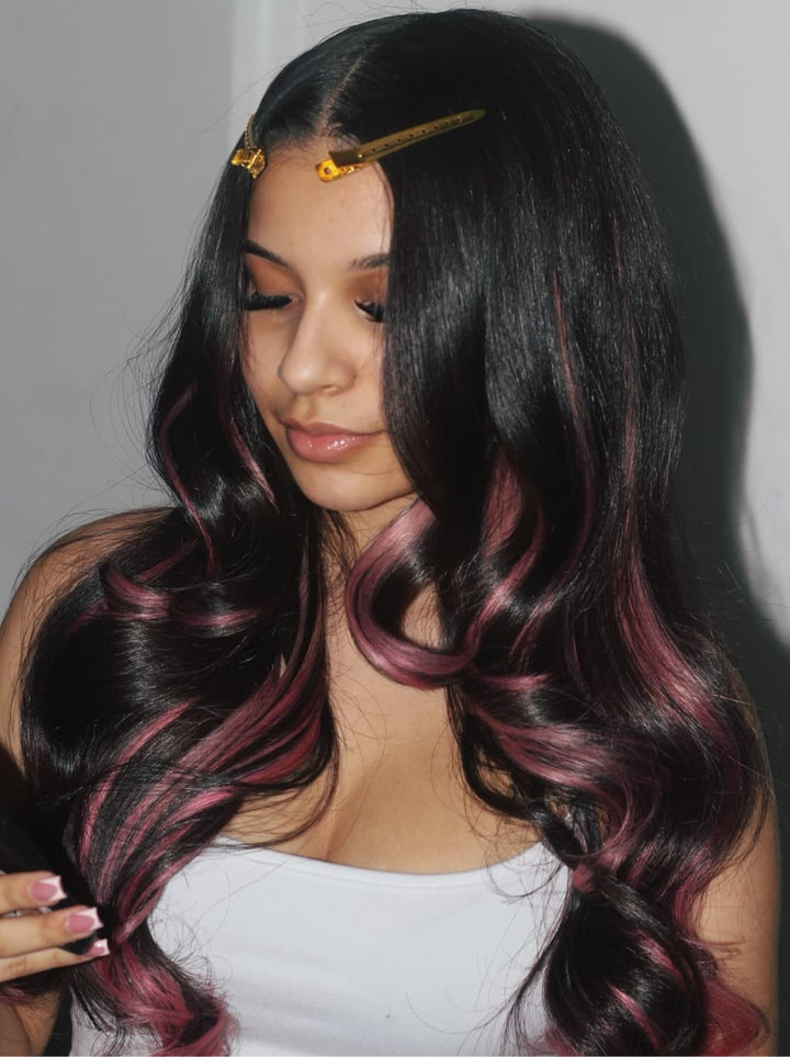 Dorsanee Black With Dusty Rose Pink Streaks 13x4 Lace Front Virgin Human Hair Wig