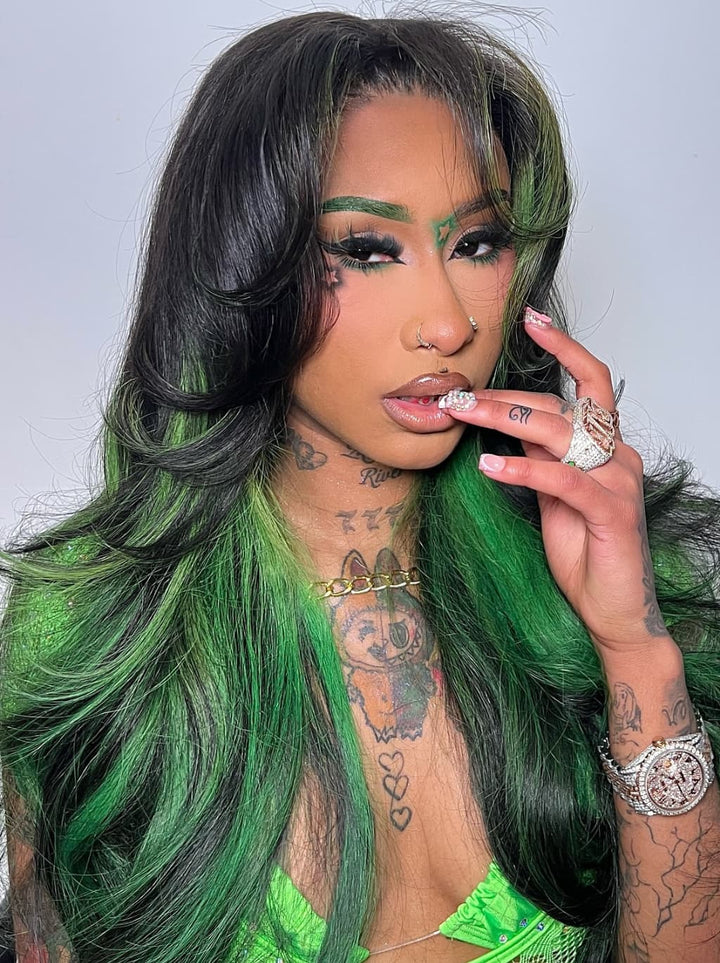 Dorsanee Black With Emerald Green Highlights Face-Framing  Luxury Layered Blowout 13x4 Lace Front Human Hair Wigs