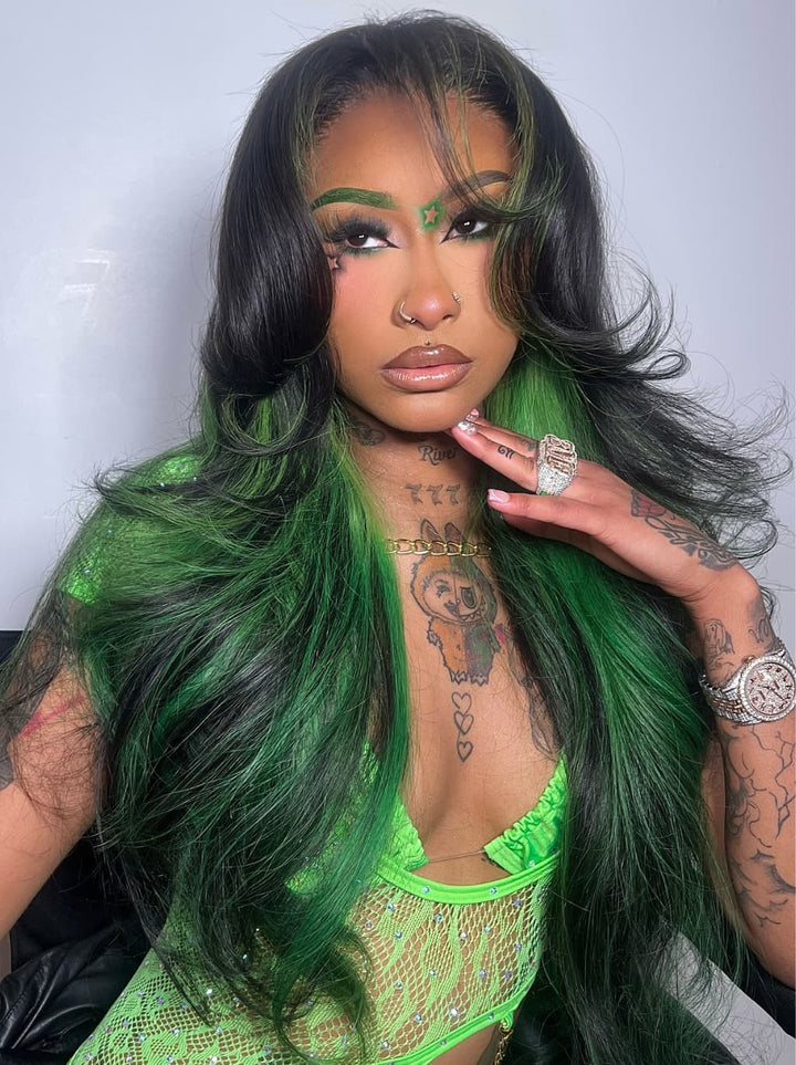 Dorsanee Black With Emerald Green Highlights Face-Framing  Luxury Layered Blowout 13x4 Lace Front Human Hair Wigs